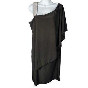 R&M Richards Womens One Shoulder Rhinestone Strap Draped Cocktail Dress Black 14